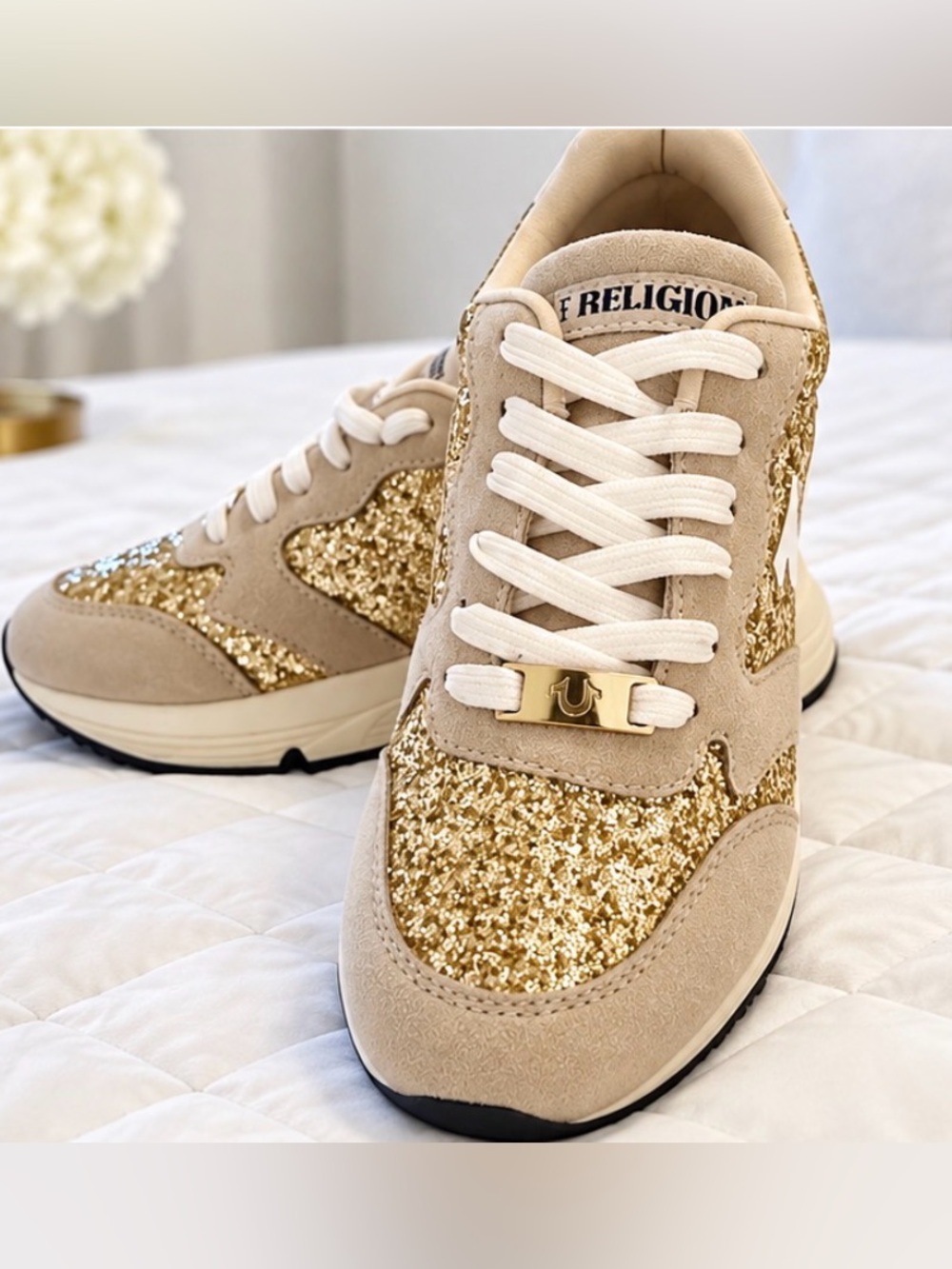 New True Religion Gold Glitter & Beige Suede Women's Sneaker